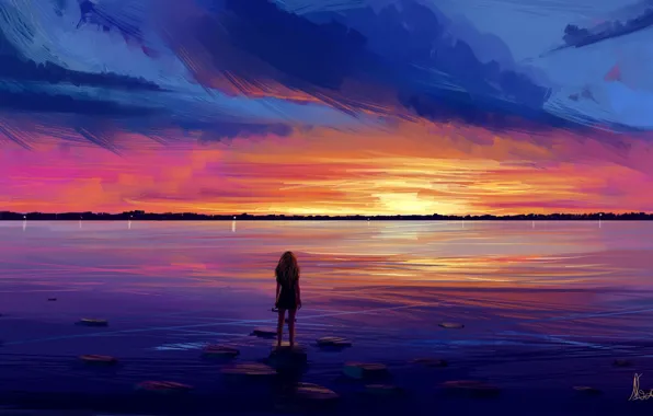 Wallpaper girl, sky, sea, sunset, water, art, figure, clouds for mobile ...