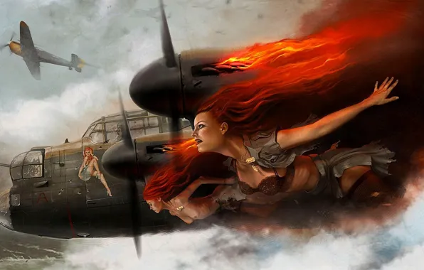Chest, the sky, the plane, girls, fire, flame, underwear, badge