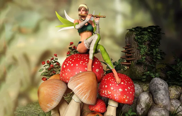 Picture girl, mushrooms, fairy, flute