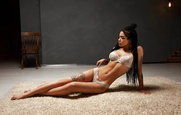 Pose, wall, model, panties, lamp, carpet, makeup, figure