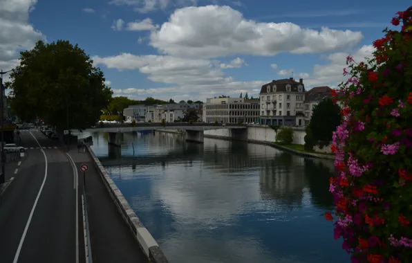 Picture France, Clouds, The evening, Road, River, Street, Channel, Building