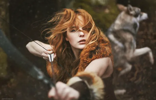 Forest, wolf, redhead girl