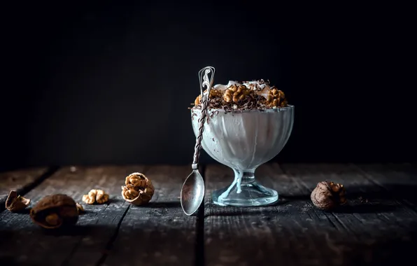 Table, Board, chocolate, spoon, ice cream, black background, nuts, Cup
