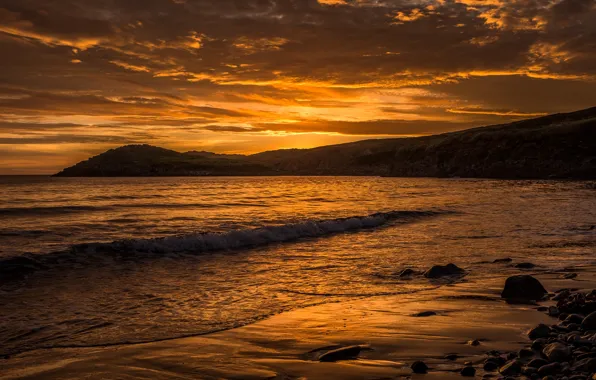 Picture sea, the sky, clouds, sunset, stones, coast, UK, Wales