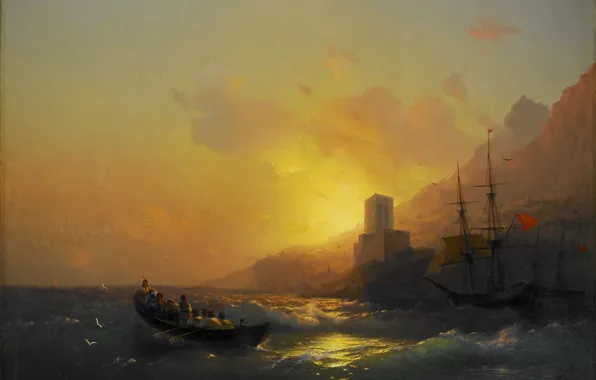 Boat, tower, picture, seascape, Ivan Aivazovsky, Sunset over the great Lavra on Mount Athos, 1846