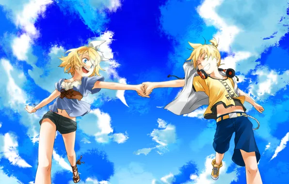 The sky, clouds, boy, art, girl, Vocaloid, kagamine rin, kagamine len