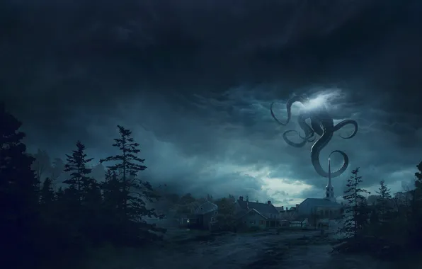 Night, The city, Forest, Monster, Clouds, The tentacles, Fantasy, Art