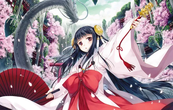 Girl, dragon, waterfall, umbrella, petals, Sakura, art, temple