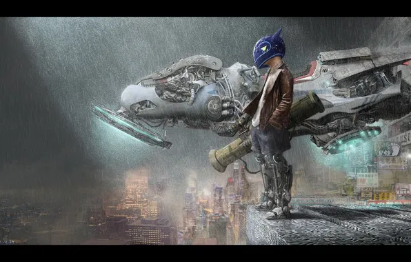 The city, rain, boy, helmet, aircraft