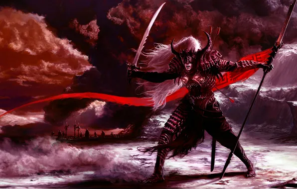 Picture light, mountains, darkness, sword, armor, arrows, Knight, banner