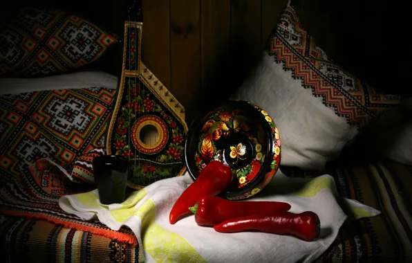 Style, retro, music, the dark background, pillow, pepper, bowl, still life