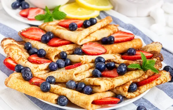Berries, lemon, strawberry, pancakes, blueberries