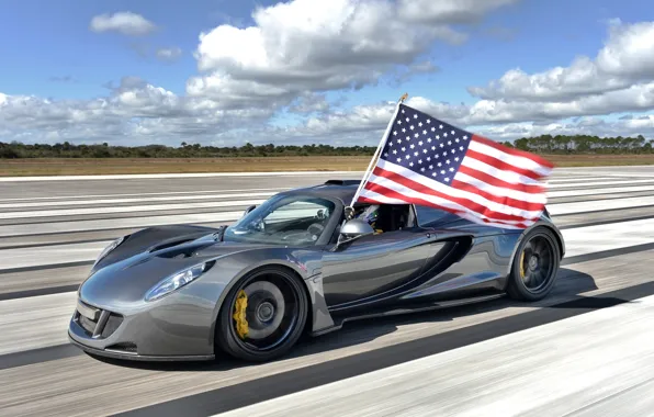 Picture the sky, flag, supercar, the front, Hennessey, Venom GT, Hennessy, Venom GT