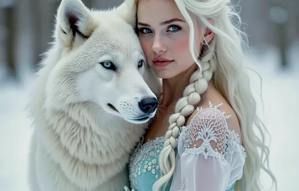 Winter, forest, white, look, girl, snow, wolf, portrait