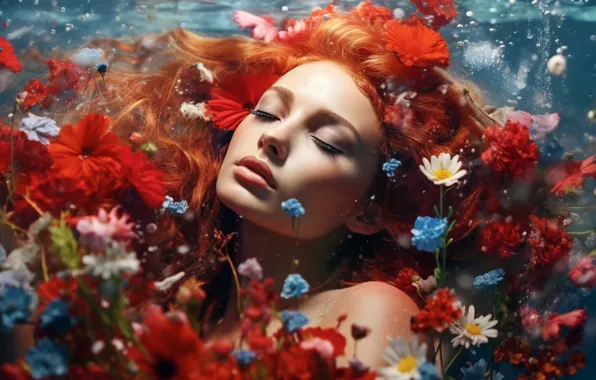 Water, girl, flowers, red, digital art, neural network