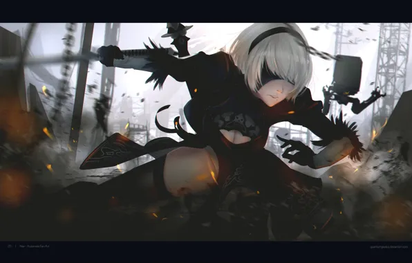 Girl, game, robot, android, dress, katana, square enix, factory