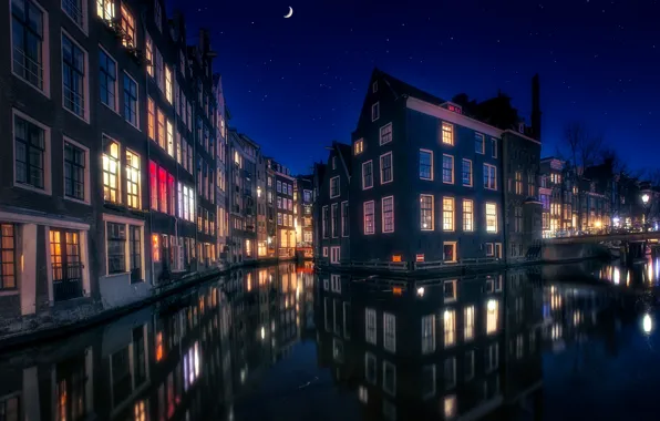 Night, lights, home, Amsterdam, channel, Netherlands