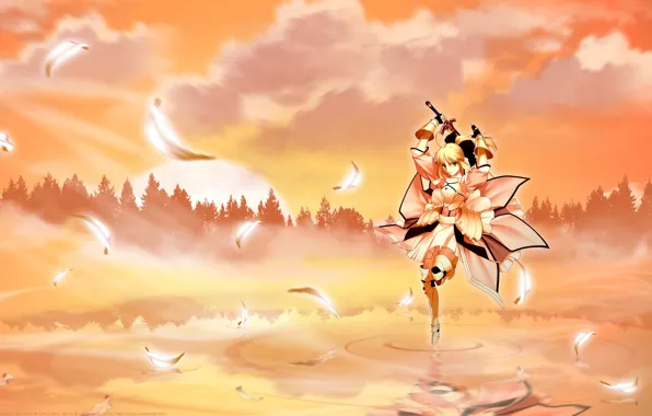 Picture forest, girl, sunset, sword, anime