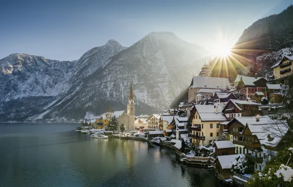 Picture winter, the sun, rays, landscape, mountains, nature, lake, home