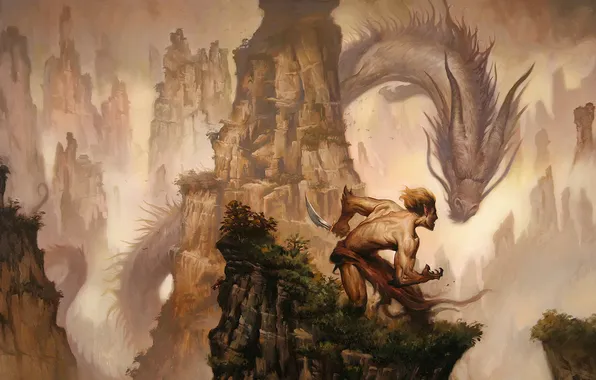 Mountains, dragon, claws, dagger, male, Art