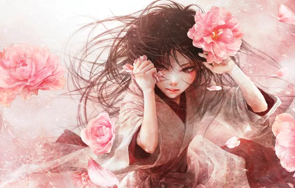 Girl, flowers, anime, petals, art, kimono, enta shiho