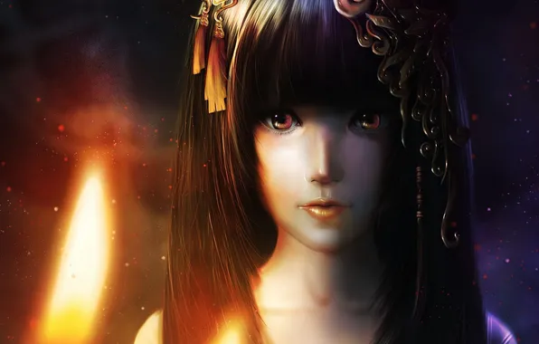 Picture girl, face, flame, candles, art, Asian, clips, Shang Yao Lin