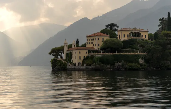 Mountains, lake, Villa, Italy, Como