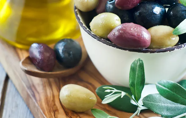 Greens, bowl, olives
