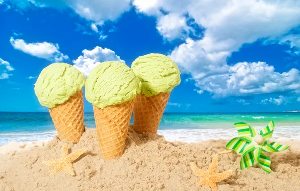 Sand, beach, summer, ice cream, summer, beach, horn, sea