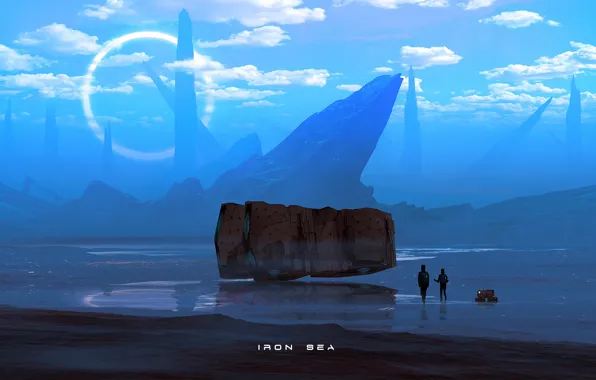 Picture sea, the sky, clouds, fiction, rocks, ship, robot, traveler
