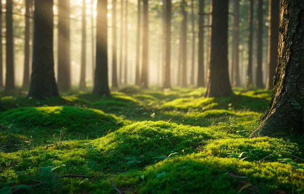 Forest, the sun, Wallpaper, glade, moss, wallpaper, forest, sun