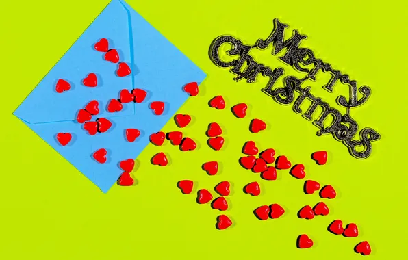 Christmas, hearts, placer, yellow background, the envelope, congratulations