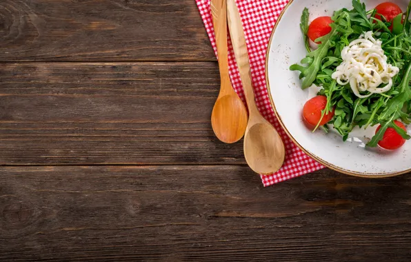 Picture greens, table, napkin, salad, spoon, cherry, tomatoes