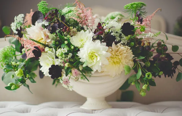 Flowers, bouquet, vase, white, chrysanthemum, a lot, different, composition