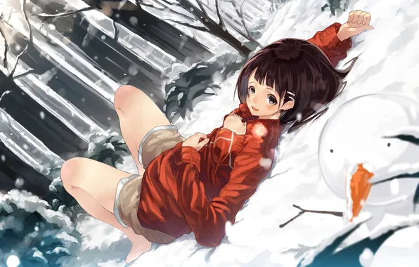 Winter, forest, snow, trees, shorts, art, girl, snowman