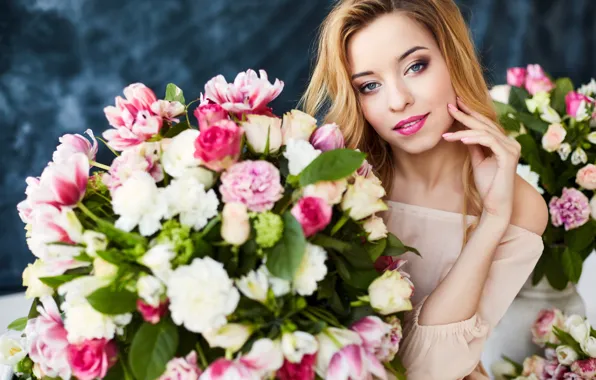 Flowers, pose, portrait, bouquet, makeup, hairstyle, blonde, beauty