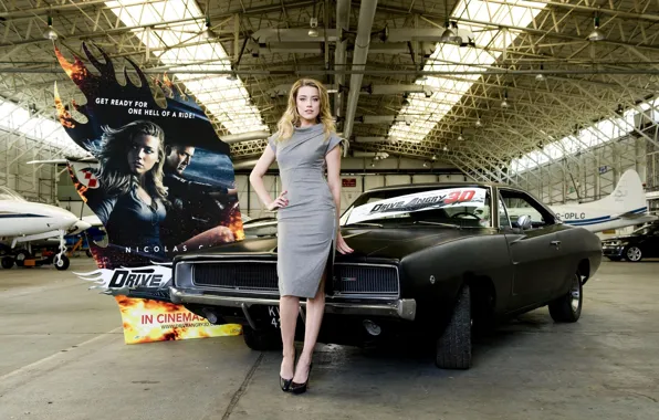 Girl, Girls, actress, Amber Heard, Amber Heard, black car, poster, hangar aircraft