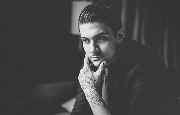 Eyes, mustache, room, hands, tattoo, male