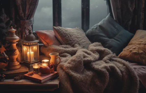 Comfort, heat, room, furniture, interior, pillow, candles, Christmas
