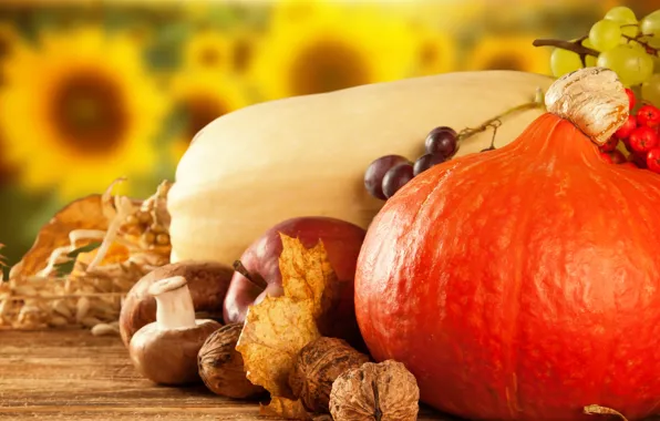 Apples, mushrooms, pumpkin, fruit, vegetables, dry leaves, Kalina