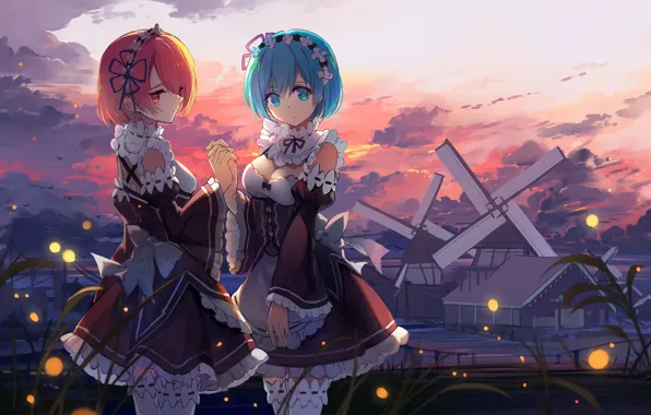 Girls, sisters, REM, RAM, re:zero kara hajime chip isek or seikatsu