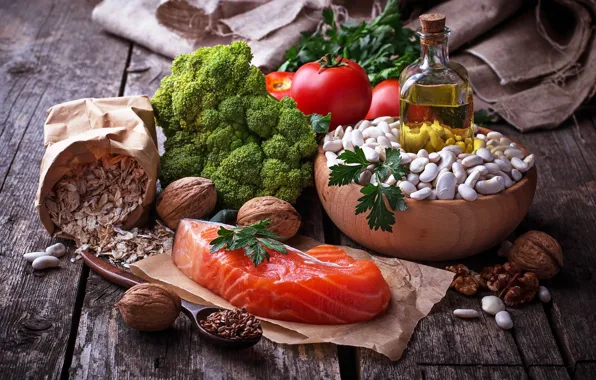 Oil, fish, nuts, vegetables, tomatoes, beans