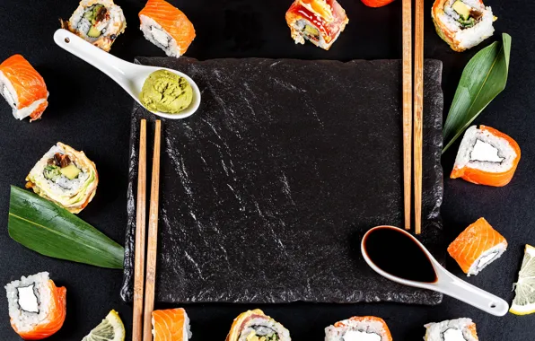 Sticks, sauce, sushi, rolls, seafood, nori
