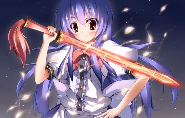 Picture girl, smile, weapons, magic, sword, petals, art, touhou