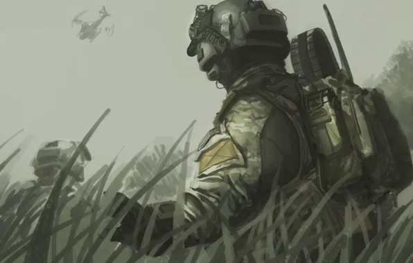 The sky, grass, figure, art, helicopter, helmet, Call of Duty, backpack