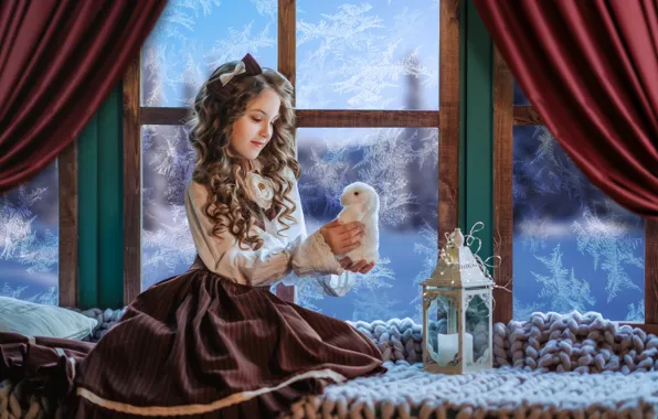 Picture toy, rabbit, window, frost, girl, lantern, plaid, Bunny