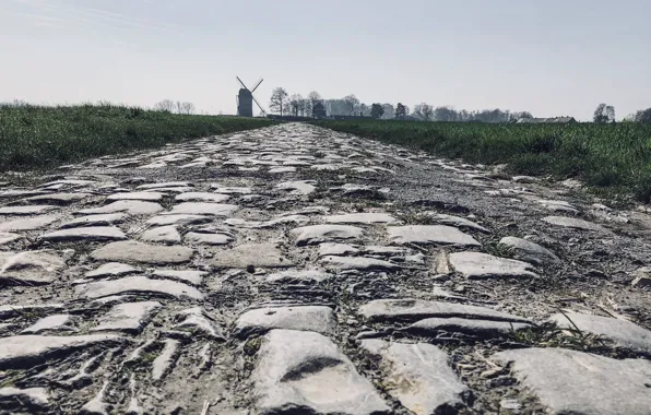 Road, France, field, pavers, mill, The Friends of Paris-Roubaix