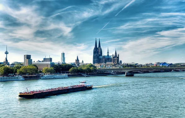 Bridge, river, Germany, Cathedral, ship, Cologne, Rhine