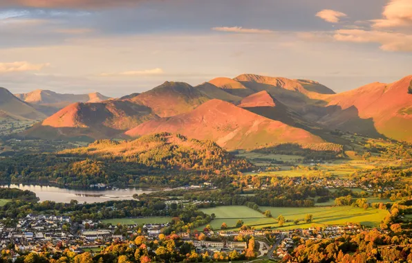 The sky, clouds, mountains, lake, hills, England, height, home