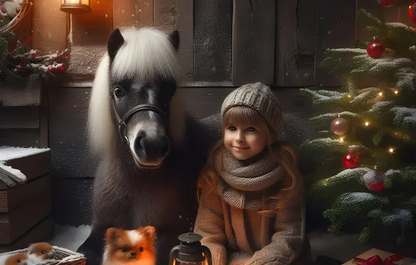 Winter, snow, horse, horse, new year, dog, Christmas, lantern